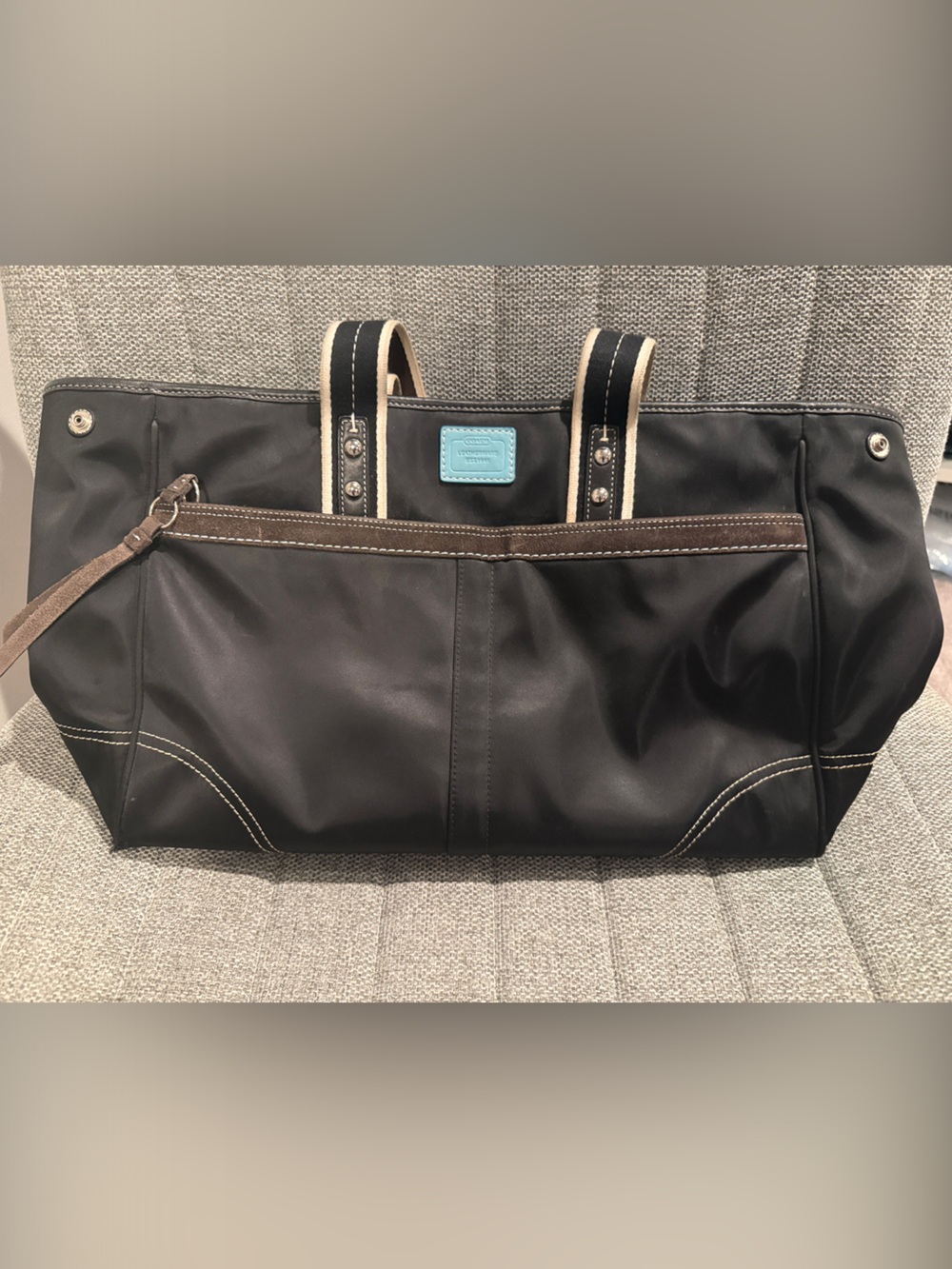 Coach Black Shoulder Tote with Brown Trim and Light Blue Logo